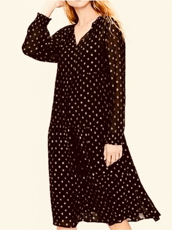 LOFT Dresses & Skirts - LOFT Black Sheer Long Sleeve Midi Tiered Babydoll Dress w/ metallic Gold tinsel